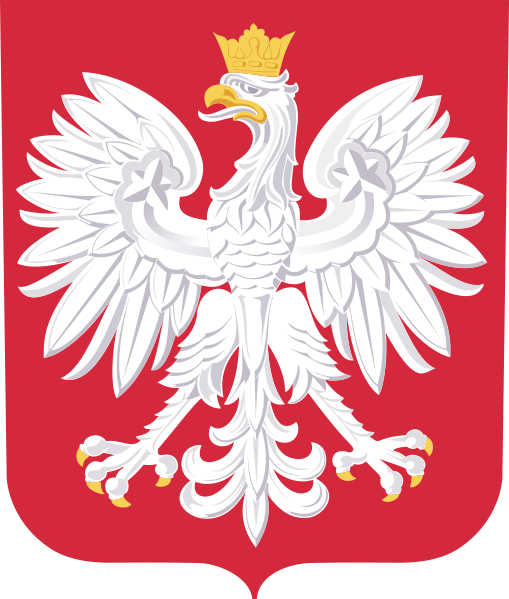 Biały orzeł w koronie na czerwonym tle.