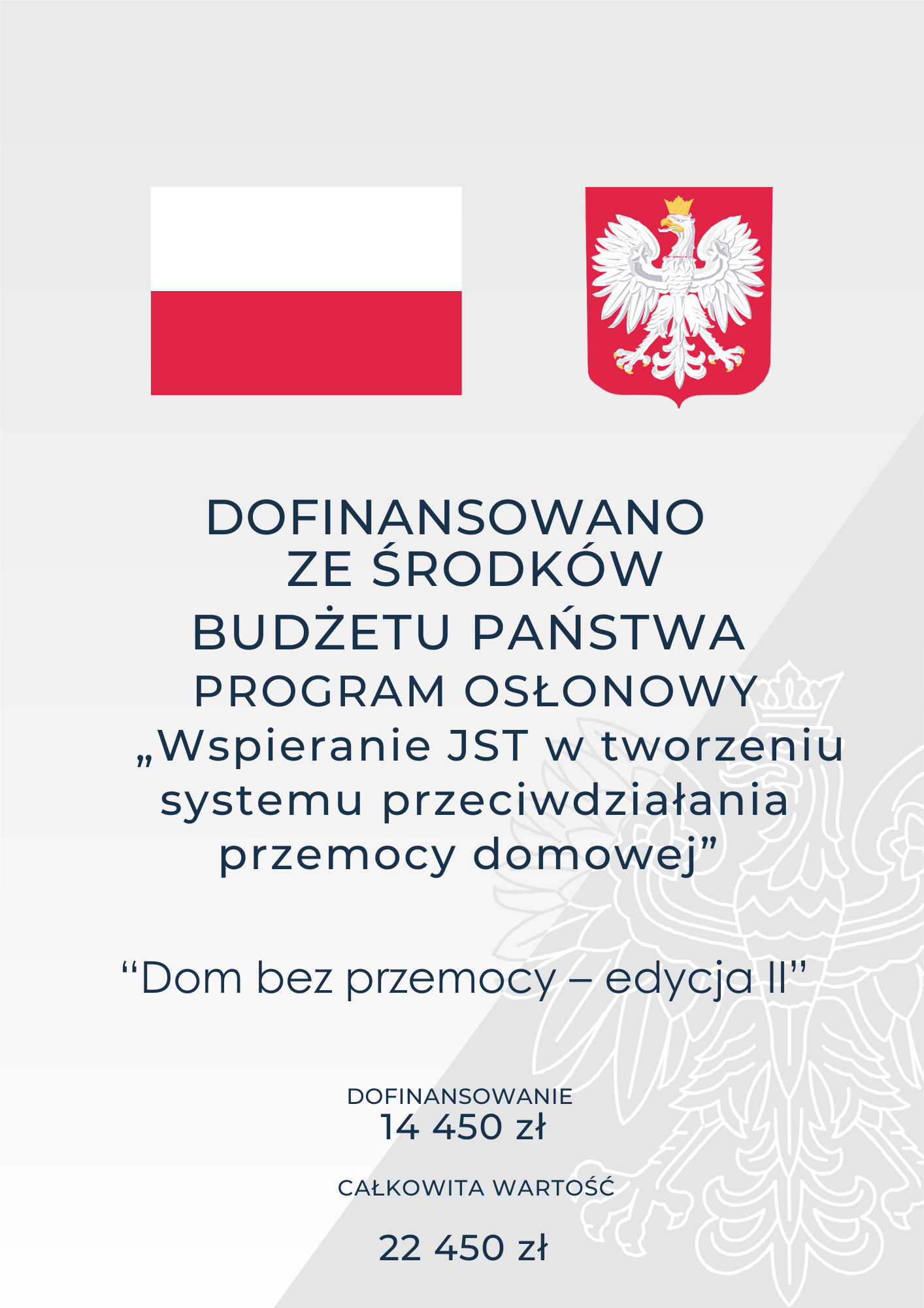 Obraz przedstawia biało-szare tło z flagą Polski i godłem narodowym w górnej części. Widoczny jest tekst informujący o dofinansowaniu z budżetu państwa w ramach programu osłonowego wspierającego system przeciwdziałania przemocy domowej. Podano kwoty dofinansowania i całości projektu.