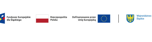 Loga od lewej: Fundusze Europejskie dla Śląskiego (3 gwiazdy biała, czerwona i żółta na granatowym tle), Rzeczpospolita Polska (biało-czerwona), dofinansowanie przez Unię Europejską (żółte gwiazdy w okręgu na granatowym tle) oraz logo Województwa Śląskiego (żółty orzeł na granatowym tle)