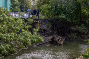  Grupa czterech osób, w tym Janina Żagan, Starosta stoją na uszkodzonej drodze przy rzece w Skoczowie, patrząc na erozję brzegu i powalone drzewo. W tle widoczne są worki z piaskiem i pojazdy. Drzewo i erozja brzegu rzeki wskazują na poważne zniszczenia spowodowane przez powódź.