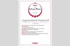 Plakat informuje o V edycji konkursu dla Kół Gospodyń Wiejskich o Nagrodę Małżonki Prezydenta RP. Zawiera daty naboru zgłoszeń (od 16 grudnia 2024 do 28 lutego 2025), instrukcję przygotowania materiału audiowizualnego i finał w czerwcu 2025 r. Widoczna jest grafika z czerwonymi kółkami i herbem.