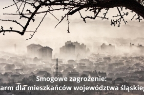 Mglista sceneria przedstawiająca widok na miasto spowite smogiem. W tle zarysowują się wysokie budynki mieszkalne i kominy przemysłowe, a na pierwszym planie widoczne są gałęzie drzewa. Napis w dolnej części grafiki: „Smogowe zagrożenie: Alarm dla mieszkańców województwa śląskiego”.