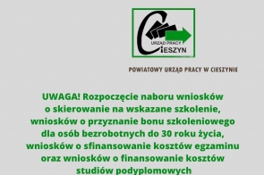 UWAGA! Rozpoczęcie naboru wniosków o skierowanie na wskazane szkolenie, wniosków o przyznanie bonu szkoleniowego dla osób bezrobotnych do 30 roku życia, wniosków o sfinansowanie kosztów egzaminu oraz wniosków o finansowanie kosztów studiów podyplomowych