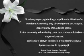 Czarne tło z delikatnym czarnym wstążkowym akcentem i białym kwiatem lilii w lewym górnym rogu. Na środku znajduje się tekst wyrażający kondolencje dla bliskich ofiar zawalenia kamienicy w Cieszynie, podpisany przez starostę oraz Zarząd Powiatu Cieszyńskiego. Prosty, elegancki styl.