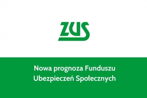 Logo z trzema literami w zielonym kolorze na białym tle, pod nim zielony pasek z napisem białymi literami: „Nowa prognoza Funduszu Ubezpieczeń Społecznych”. Uproszczona stylistyka, oficjalna kompozycja, komunikat wizualny prosty i czytelny, nawiązujący do instytucji państwowej.