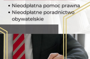 Na pierwszym planie widoczna jest osoba podpisująca dokument. Napis "Wyniki otwartych konkursów ofert, nieodpłatna pomoc prawna, nieodpłatne poradnictwo obywatelskie" informuje o treści zamieszczonej aktualności.