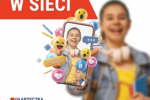 Grafika przedstawiająca dziewczynkę z telefonem komórkowym w ręce, wprowadzająca do poradnika "Twoje dziecko w sieci"- "apTECZKA prawna"