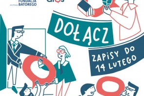 Grafika promocyjna zachęca do udziału w akcji „Masz Głos” organizowanej przez Fundację im. Stefana Batorego. W centralnej części widoczne są napisy „Dołącz” i „Zapisy do 14 lutego”. Ilustracje przedstawiają osoby w różnych interakcjach, podające sobie symbole dialogu i współpracy, takie jak dymki i domy. Kolory dominujące to niebieski, czerwony i biały.