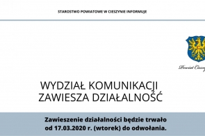 Starostwo Powiatowe w Cieszynie zawiesza do odwołania działalność Wydziału Komunikacji! 