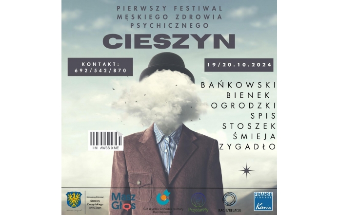 Plakat informujący o Festiwalu Zdrowia Psychicznego Mężczyzn: Mężczyzna na warsztat, który odbędzie się 19-20 października 2024 roku. Plakat przedstawia postać mężczyzny  ubranego w koszulę  z niebieskimi paskami, brązową marynarkę i kapelusz. Zamiast twarzy jest dym wydobywający się z koszuli.  W tle widać zachmurzone niebo oraz małe ptaki.