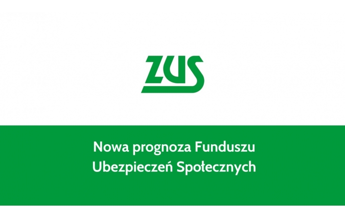 Logo z trzema literami w zielonym kolorze na białym tle, pod nim zielony pasek z napisem białymi literami: „Nowa prognoza Funduszu Ubezpieczeń Społecznych”. Uproszczona stylistyka, oficjalna kompozycja, komunikat wizualny prosty i czytelny, nawiązujący do instytucji państwowej.