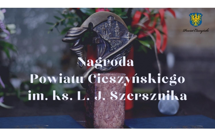 Na pierwszym planie grafiki tekst z nazwą nagrody,w tle statuetka wręczana laureatom,składająca się z kamiennego, prostokątnego cokołu oraz mosiężnego odlewu. W prawym górnym rogu herb  Powiatu Cieszyńskiego.