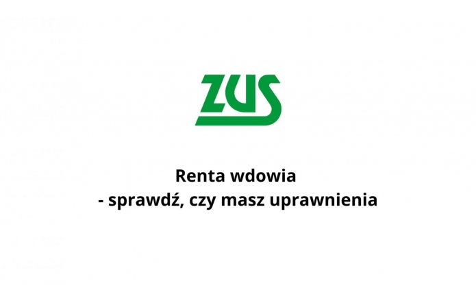 Obraz przedstawia biały prosty układ graficzny z zielonym logo ZUS umieszczonym na środku w górnej części. Poniżej widnieje czarny tekst informujący o temacie „Renta wdowia – sprawdź, czy masz uprawnienia”. Całość jest minimalistyczna i czytelna.