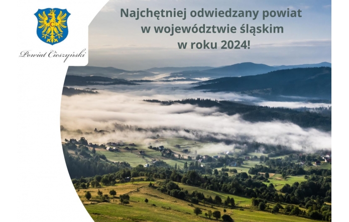 Grafika z górskim,spowitym mgłą, krajobrazem.W lewym górnym rogu herb powiatu,na środku tekst informujący o wynikach badań ruchu turystycznego.