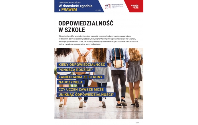 Grafika zatytułowana "Odpowiedzialność w szkole" wprowadzająca do kwartalnika młodzieżowego "W dorosłość zgodnie z prawem".