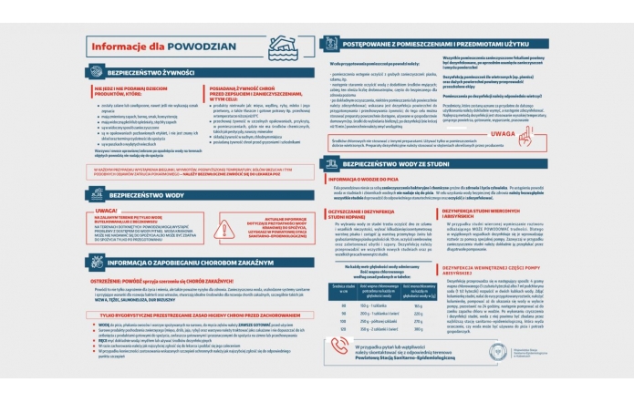  Ulotka zawiera informacje na temat bezpieczeństwa po powodzi. Ostrzega, że warzywa i owoce z terenów zalanych nie nadają się do spożycia. Zawiera także instrukcje dotyczące dezynfekcji wewnętrznej części pompy abisyńskiej.