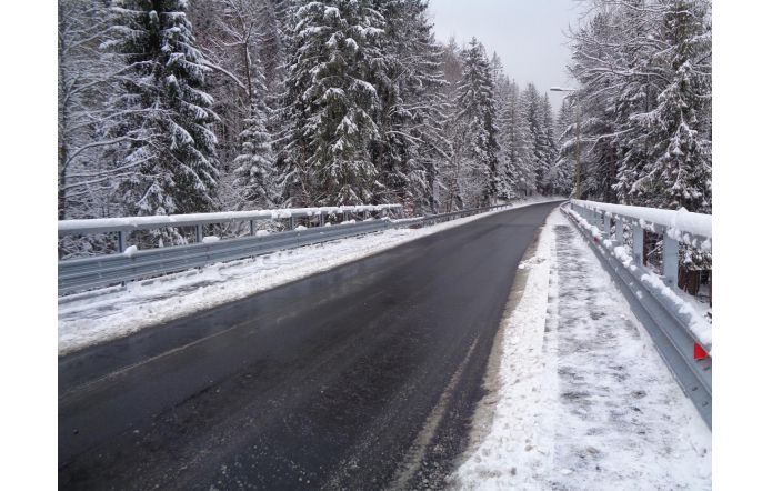 Zaśnieżona droga asfaltowa biegnie przez most otoczony gęstym lasem sosnowym, z barierkami zabezpieczającymi po obu stronach. Świeży śnieg pokrywa drzewa i chodnik, tworząc zimowy krajobraz.