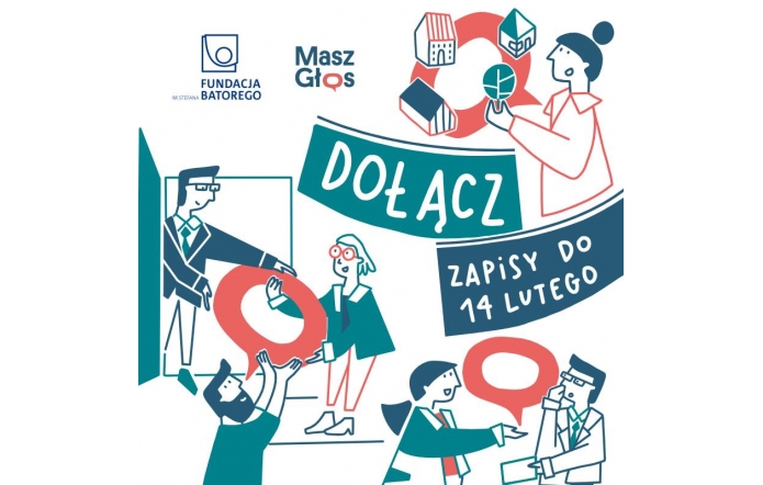 Grafika promocyjna zachęca do udziału w akcji „Masz Głos” organizowanej przez Fundację im. Stefana Batorego. W centralnej części widoczne są napisy „Dołącz” i „Zapisy do 14 lutego”. Ilustracje przedstawiają osoby w różnych interakcjach, podające sobie symbole dialogu i współpracy, takie jak dymki i domy. Kolory dominujące to niebieski, czerwony i biały.