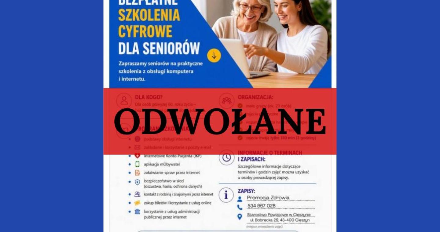 Grafika informacyjna w niebiesko-biało-żółtej kolorystyce dotycząca bezpłatnych szkoleń cyfrowych dla seniorów. Na środku widnieje czarny napis na czerwonym tle: odwołane.