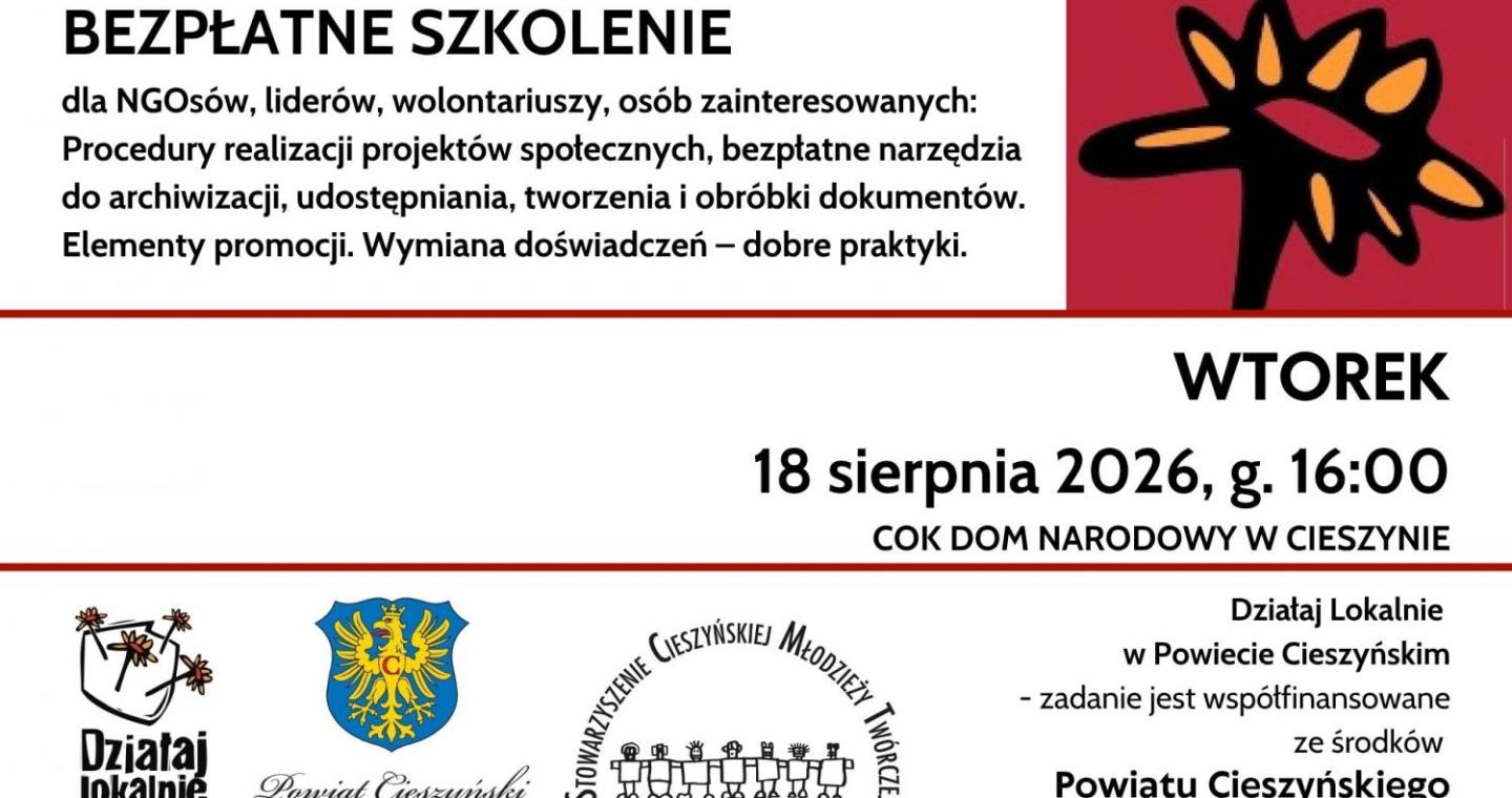 Biała grafika z czarnym tekstem i czerwonymi liniami oddzielającymi poszczególne części plakatu. W prawym górnym rogu znajduje się czerwone pole z czarno-pomarańczowym symbolem. Na dole umieszczono logotypy organizatorów i partnerów. W centralnej części dużym tekstem wyróżniono datę i miejsce szkolenia.