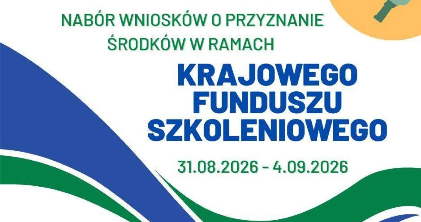 Biało-zielono-niebieska grafika informacyjna dotycząca naboru wniosków. U góry umieszczono logotypy Urzędu Pracy i KFS oraz ikonę megafonu. Centralną część zajmuje duży niebieski napis, a poniżej podano termin naboru.