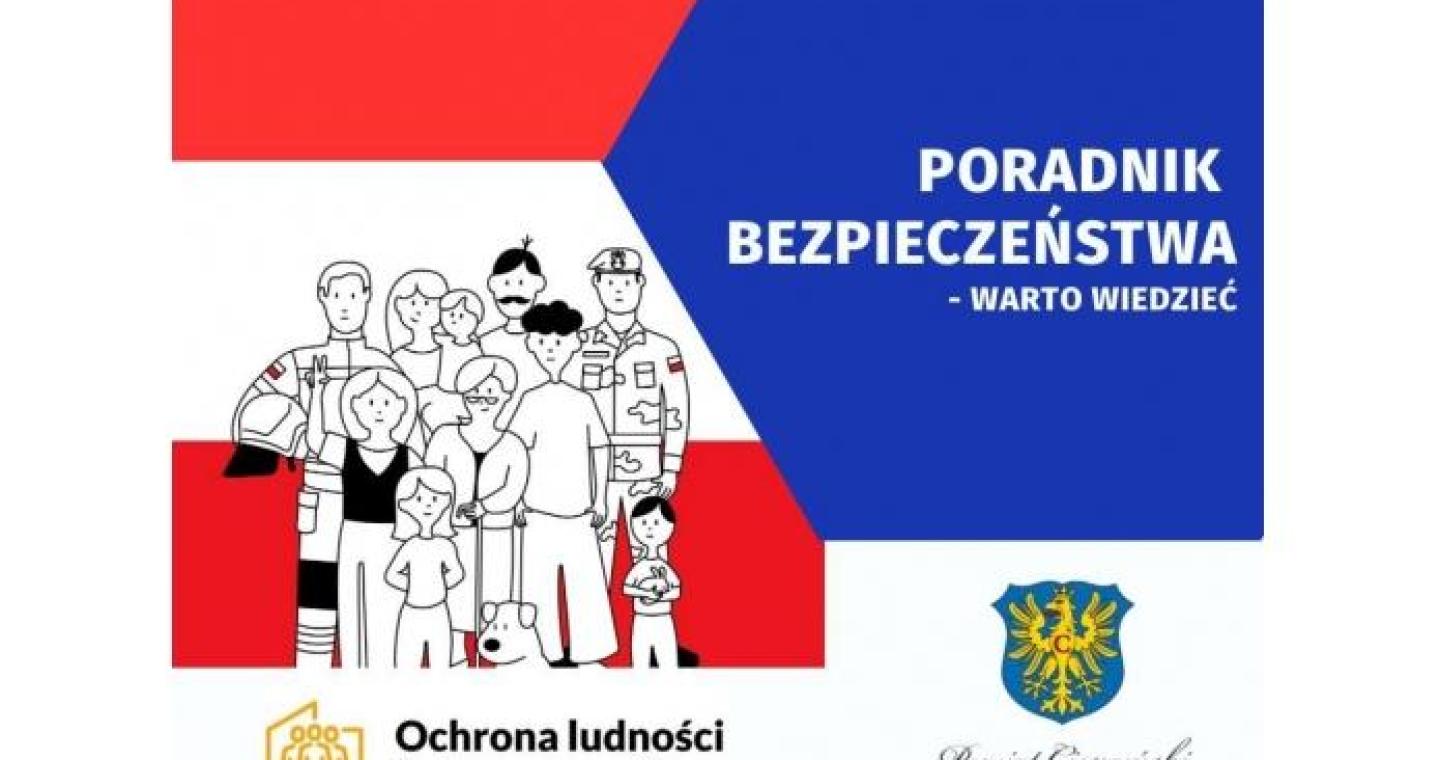 Biało-czerwono-niebieska grafika promująca „Poradnik bezpieczeństwa – warto wiedzieć”. Po lewej stronie znajduje się czarno-biała ilustracja grupy osób, w tym przedstawicieli służb i rodzin z dziećmi. 