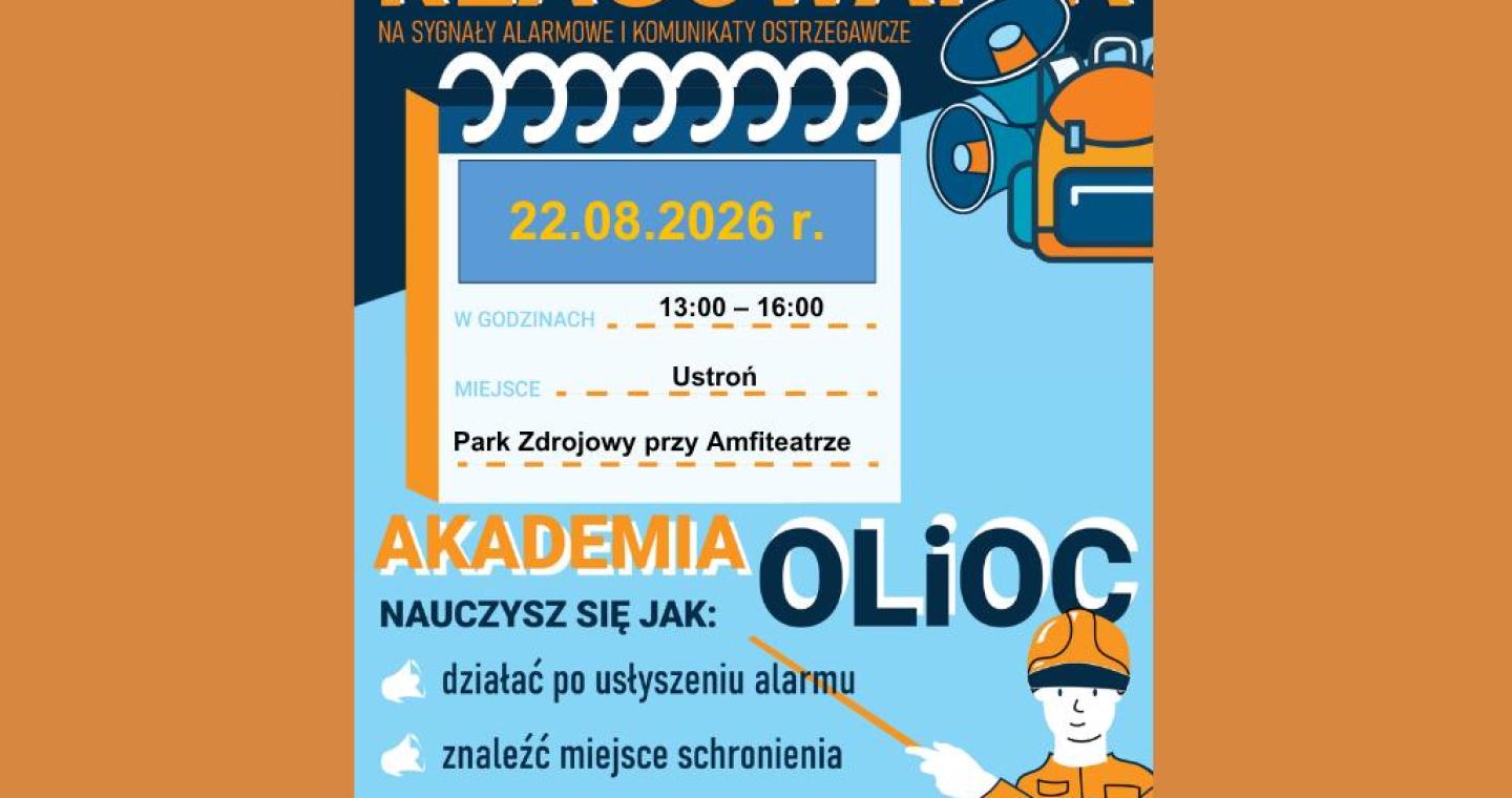 Pomarańczowo-niebieski plakat „Krajowy Trening Reagowania”. Grafika zawiera ilustracje megafonów, plecaka ewakuacyjnego i osoby w stroju ochronnym oraz krótką listę zasad reagowania na alarm.
