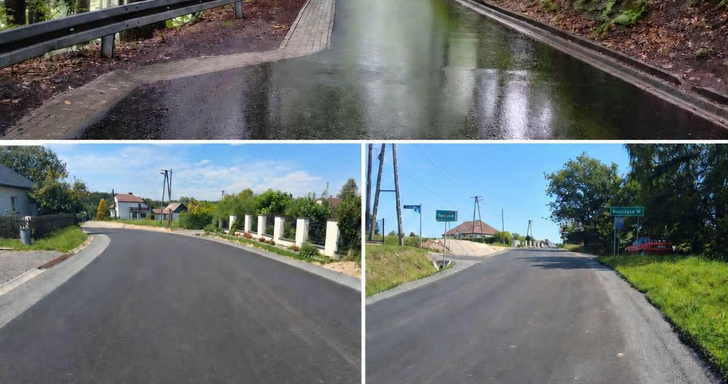Grafika przedstawiająca trzy wyremontowane odcinki dróg powiatowych w Kaczycach, Kończycach Wielkich i Wiśle. Na zdjęciach widoczne są nowe nawierzchnie asfaltowe – droga przebiegająca przez zalesiony teren oraz dwa odcinki w zabudowie. W dolnej części grafiki znajduje się herb Powiatu Cieszyńskiego i napis: „Drogi powiatowe po remoncie – Kaczyce • Kończyce Wielkie • Wisła”.