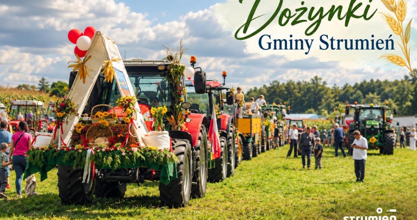 Korowód dozynkowy w gminie Strumień. Na polu maszyny rolnicze. 