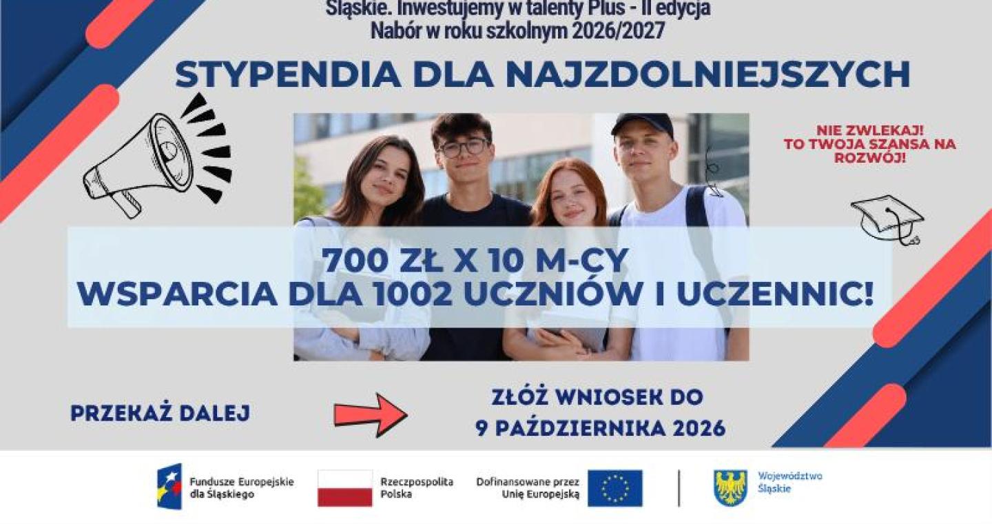 Grafika informacyjna o naborze do programu „Śląskie. Inwestujemy w talenty Plus – II edycja”. Na środku zdjęcie czworga młodych osób oraz informacja: 700 zł miesięcznie przez 10 miesięcy – wsparcie dla 1002 uczniów i uczennic. Wniosek można złożyć do 9 października 2026 r. Na dole logotypy Funduszy Europejskich dla Śląskiego, Rzeczypospolitej Polskiej, Unii Europejskiej i Województwa Śląskiego.