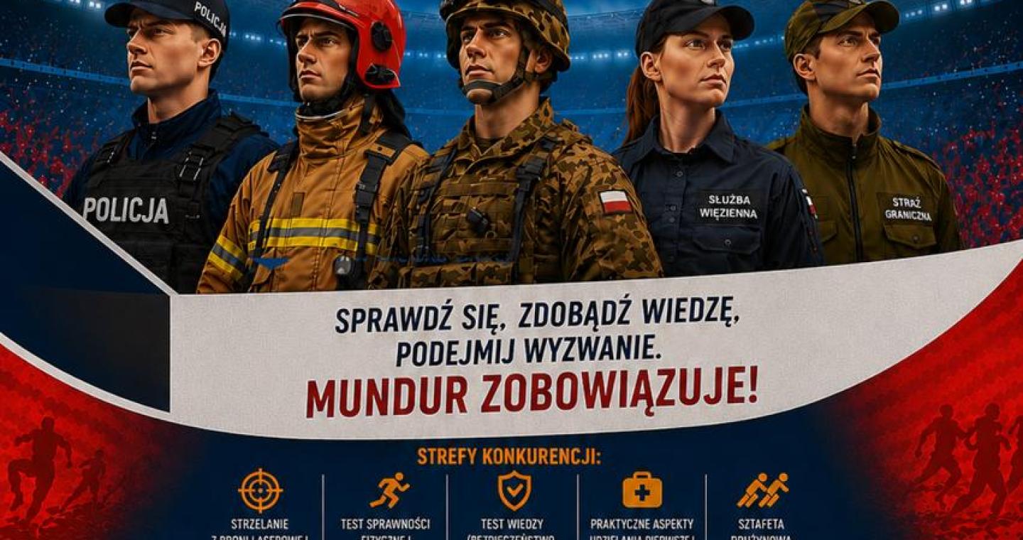 Plakat III Olimpiady Bezpieczeństwa, która odbędzie się 17 września 2026 r. o godz. 9:00 na stadionie sportowym MOSiR w Cieszynie przy al. Jana Łyska 21. Na grafice przedstawiono reprezentantów służb mundurowych: Policji, Państwowej Straży Pożarnej, wojska, Służby Więziennej i Straży Granicznej. W programie m.in. strzelanie z broni laserowej, test sprawności fizycznej, test wiedzy z zakresu bezpieczeństwa, obronności, prawa i pierwszej pomocy, praktyczne aspekty udzielania pierwszej pomocy oraz sztafeta drużynowa. Wśród głównych nagród są złote indeksy Akademii WSB gwarantujące bezpłatne studia. Wydarzenie objęte jest patronatem honorowym Komendanta Wojewódzkiego Policji w Katowicach, Starosty Cieszyńskiej i Burmistrza Miasta Cieszyna.