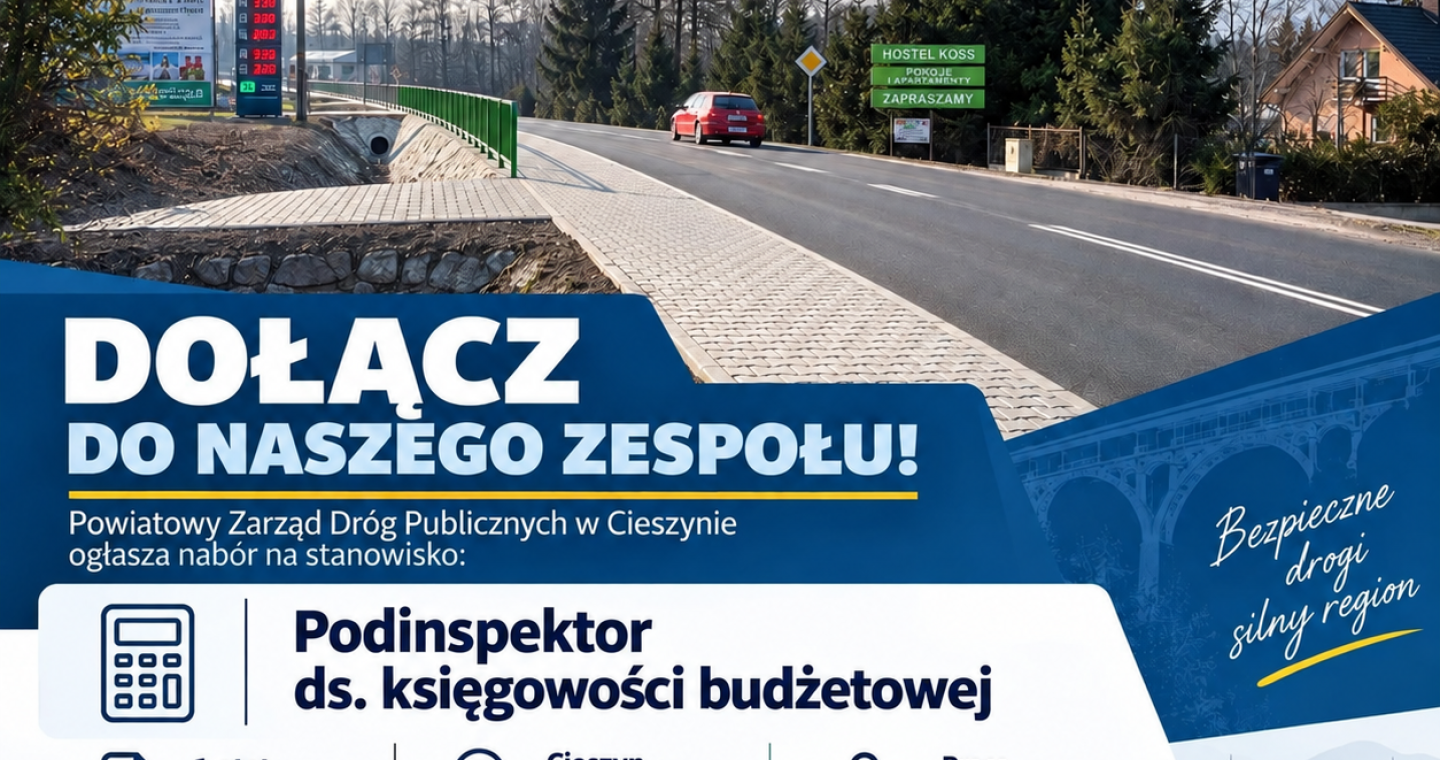 Plakat naboru PZDP w Cieszynie na stanowisko podinspektora ds. księgowości budżetowej, 1 etat, ul. Bobrecka 29; termin składania dokumentów: 22 października 2026 r. do godz. 15.00.