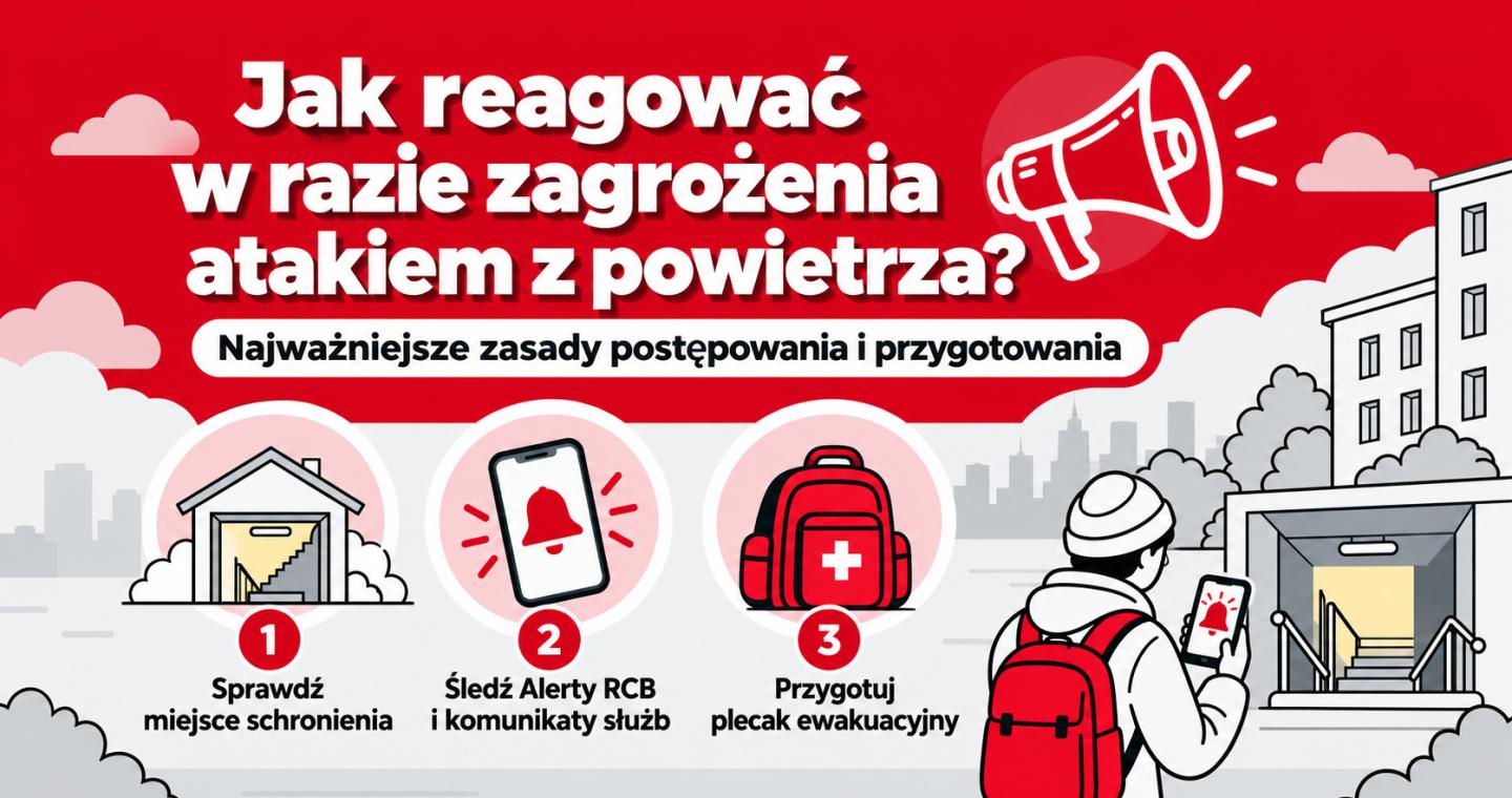 Jak reagować w razie zagrożenia atakiem z powietrza? Sprawdź miejsce schronienia, śledź Alerty RCB i komunikaty służb, przygotuj plecak ewakuacyjny - grafika.