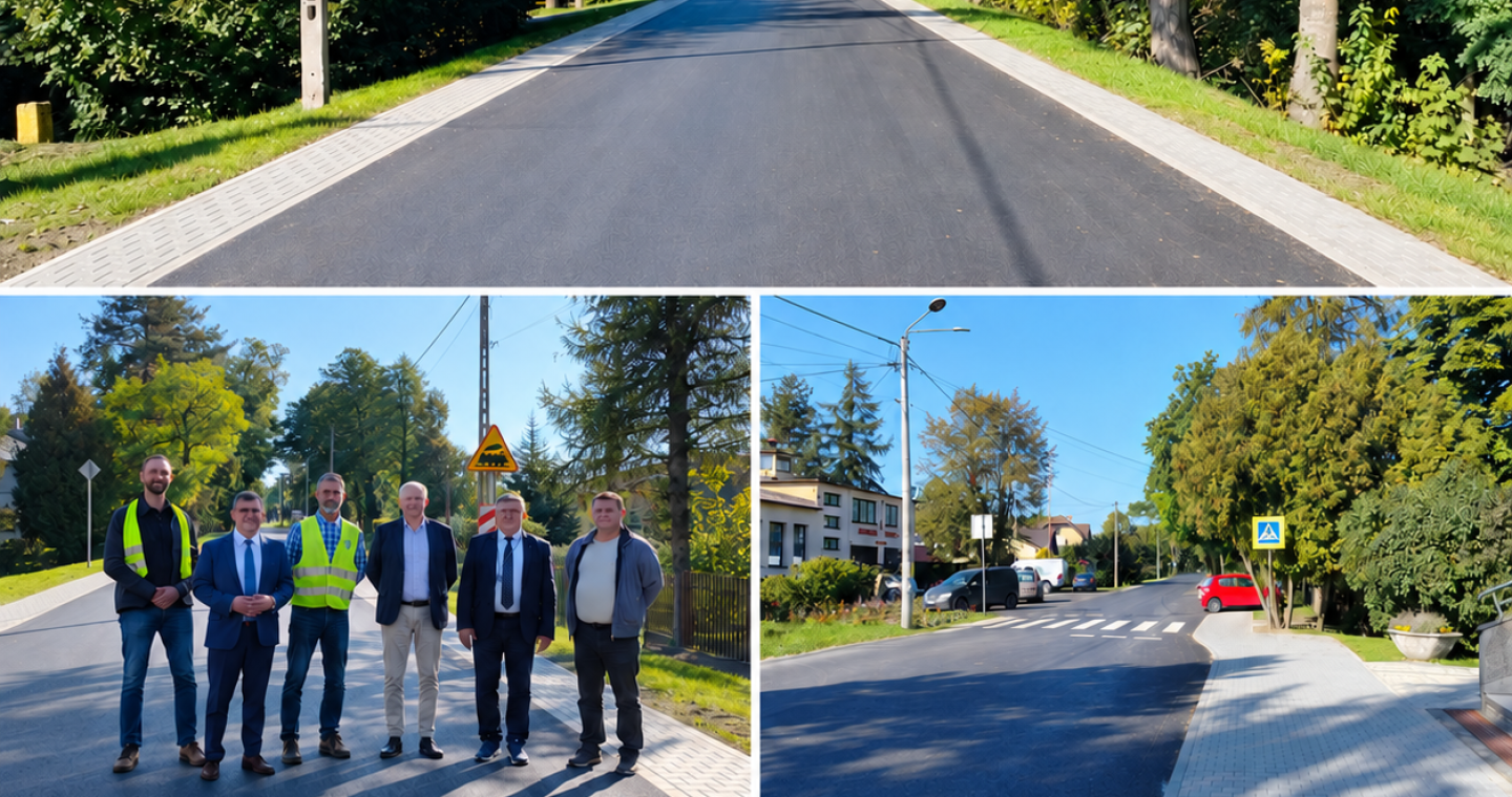 Wyremontowana ul. Czereśniowa w Zaborzu: nowa jezdnia i chodniki, przejście dla pieszych oraz przedstawiciele przy drodze powiatowej po remoncie. Grafika przedstawia kompilację trzech zdjęć podpis i herb powiatu.