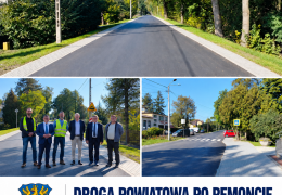 Wyremontowana ul. Czereśniowa w Zaborzu: nowa jezdnia i chodniki, przejście dla pieszych oraz przedstawiciele przy drodze powiatowej po remoncie. Grafika przedstawia kompilację trzech zdjęć podpis i herb powiatu.
