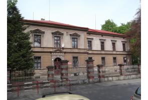 Dwukondygnacyjny, zabytkowy budynek z czerwonym dachem, elewacją w odcieniach beżu i brązu, ozdobnymi gzymsami nad oknami oraz głównym wejściem pośrodku. Przed budynkiem znajduje się ogrodzenie z metalową bramą i ceglanymi słupkami. Na pierwszym piętrze widać firanki w oknach, a na elewacji zamontowana jest antena satelitarna. Po bokach rosną drzewa, a ulica biegnie wzdłuż ogrodzenia. Zdjęcie przed termomodernizacją.