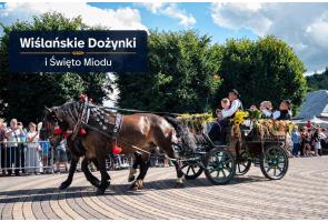 Dwa konie ciągną udekorowany wóz, na którym siedzą osoby w tradycyjnych strojach regionalnych. Wóz ozdobiony jest kwiatami, kłosami zbóż i zielenią, a po bokach trasy stoją zgromadzeni uczestnicy wydarzenia. W górnej części zdjęcia widoczny jest napis „Wiślańskie Dożynki i Święto Miodu”.