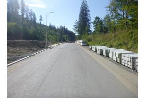 Nowo wyasfaltowany odcinek drogi w terenie zalesionym. Po prawej stronie ułożone krawężniki, po lewej latarnia uliczna.