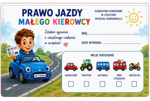 Kolorowa karta „Prawo jazdy małego kierowcy” w wersji dla chłopca. Na grafice chłopiec prowadzi niebieski samochód; obok znajdują się pola na imię i datę wydania oraz wybór kategorii pojazdów: samochód, traktor, autobus, wóz strażacki i motocykl.
