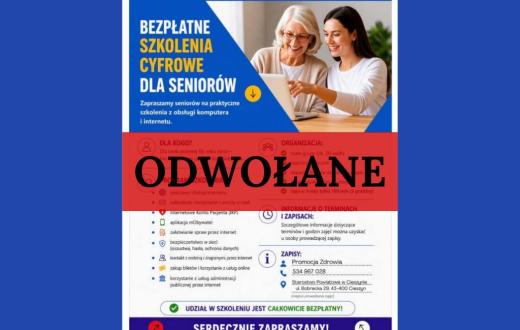 Grafika informacyjna w niebiesko-biało-żółtej kolorystyce dotycząca bezpłatnych szkoleń cyfrowych dla seniorów. Na środku widnieje czarny napis na czerwonym tle: odwołane.