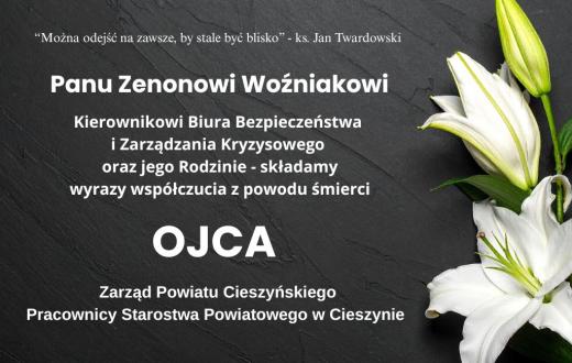 Tekst kondolencyjny na ciemnym tle z białą lilią, zawierający wyrazy współczucia z powodu śmierci ojca. 