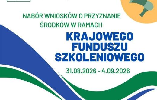 Biało-zielono-niebieska grafika informacyjna dotycząca naboru wniosków. U góry umieszczono logotypy Urzędu Pracy i KFS oraz ikonę megafonu. Centralną część zajmuje duży niebieski napis, a poniżej podano termin naboru.