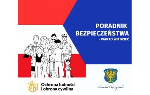 Biało-czerwono-niebieska grafika promująca „Poradnik bezpieczeństwa – warto wiedzieć”. Po lewej stronie znajduje się czarno-biała ilustracja grupy osób, w tym przedstawicieli służb i rodzin z dziećmi. 