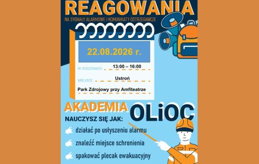 Pomarańczowo-niebieski plakat „Krajowy Trening Reagowania”. Grafika zawiera ilustracje megafonów, plecaka ewakuacyjnego i osoby w stroju ochronnym oraz krótką listę zasad reagowania na alarm.