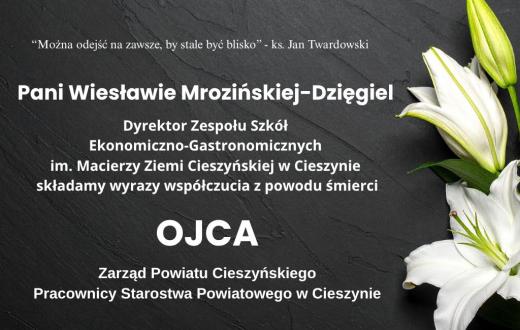 Tekst kondolencyjny na ciemnym tle z białą lilią, zawierający wyrazy współczucia z powodu śmierci ojca. 