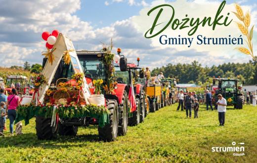 Korowód dozynkowy w gminie Strumień. Na polu maszyny rolnicze. 