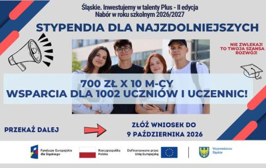Grafika informacyjna o naborze do programu „Śląskie. Inwestujemy w talenty Plus – II edycja”. Na środku zdjęcie czworga młodych osób oraz informacja: 700 zł miesięcznie przez 10 miesięcy – wsparcie dla 1002 uczniów i uczennic. Wniosek można złożyć do 9 października 2026 r. Na dole logotypy Funduszy Europejskich dla Śląskiego, Rzeczypospolitej Polskiej, Unii Europejskiej i Województwa Śląskiego.
