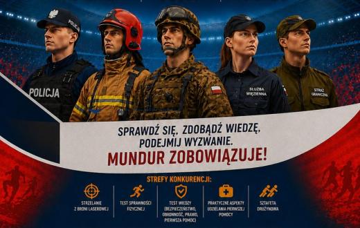 Plakat III Olimpiady Bezpieczeństwa, która odbędzie się 17 września 2026 r. o godz. 9:00 na stadionie sportowym MOSiR w Cieszynie przy al. Jana Łyska 21. Na grafice przedstawiono reprezentantów służb mundurowych: Policji, Państwowej Straży Pożarnej, wojska, Służby Więziennej i Straży Granicznej. W programie m.in. strzelanie z broni laserowej, test sprawności fizycznej, test wiedzy z zakresu bezpieczeństwa, obronności, prawa i pierwszej pomocy, praktyczne aspekty udzielania pierwszej pomocy oraz sztafeta drużynowa. Wśród głównych nagród są złote indeksy Akademii WSB gwarantujące bezpłatne studia. Wydarzenie objęte jest patronatem honorowym Komendanta Wojewódzkiego Policji w Katowicach, Starosty Cieszyńskiej i Burmistrza Miasta Cieszyna.