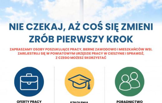 Grafika Powiatowego Urzędu Pracy w Cieszynie zachęcająca do podjęcia pierwszego kroku w kierunku zatrudnienia. Na tle nieba widoczny jest drogowskaz z napisami: praca, staż, szkolenie i dotacja. Urząd zaprasza osoby poszukujące pracy i bierne zawodowo do skorzystania z ofert pracy i staży, szkoleń oraz poradnictwa zawodowego. Dane kontaktowe: Plac Wolności 6 w Cieszynie, tel. 33 858 63 39, strona cieszyn.praca.gov.pl.