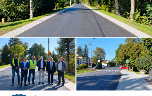 Wyremontowana ul. Czereśniowa w Zaborzu: nowa jezdnia i chodniki, przejście dla pieszych oraz przedstawiciele przy drodze powiatowej po remoncie. Grafika przedstawia kompilację trzech zdjęć podpis i herb powiatu.